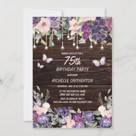 Invitación Flores Púrpura Rosa Mariposas Cumpleaños Rústico