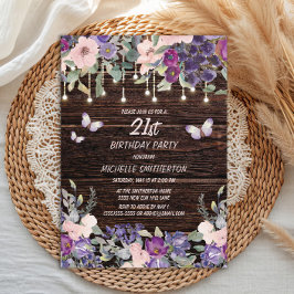 Invitación Flores Púrpura Rosa Mariposas Madera Rústica 21