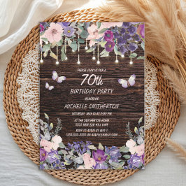 Invitación Flores Púrpura Rosa Mariposas Madera Rústica 70