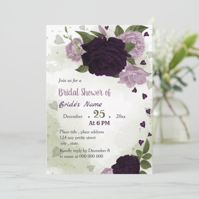 Invitación flores púrpura vegetación ducha de novia (Anverso de pie)