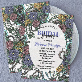 Invitación Flores Púrpura y Azul Detalladas Ducha de Novias