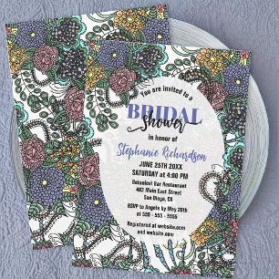 Invitación Flores Púrpura y Azul Detalladas Ducha de Novias