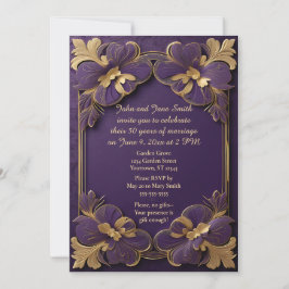 Invitación Flores púrpura y doradas Marco dorado 50 aniversar
