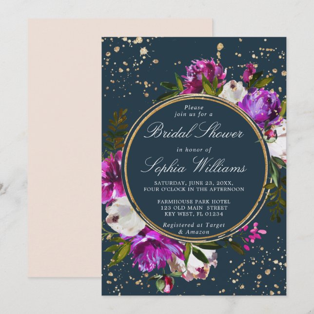 Invitación Flores púrpura y ducha de nueces azules de la mari (Anverso / Reverso)