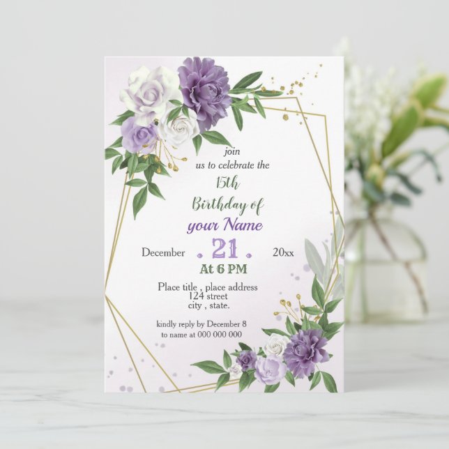 Invitación flores púrpura y hojas cumpleaños geométrico (Anverso de pie)
