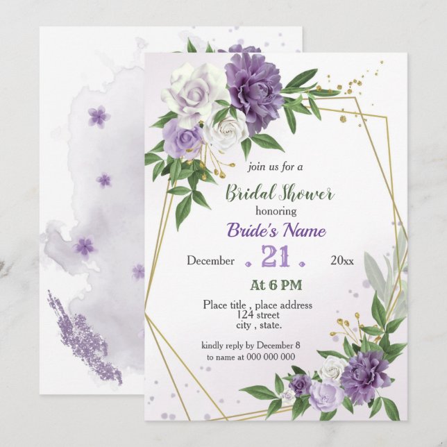 Invitación flores púrpura y hojas ducha geométrica de novia (Anverso / Reverso)