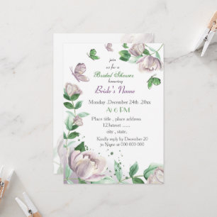 Invitación flores púrpura y hojas mariposas ducha de novia