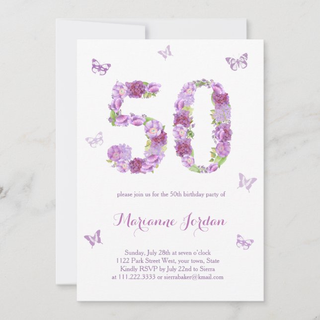 Invitación Flores Púrpura Y Mariposas Fiesta de cumpleaños nú (Anverso)
