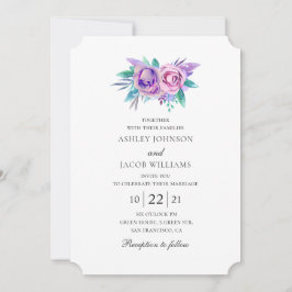 Invitación Flores púrpura y rosadas. Boda floral de acuarela