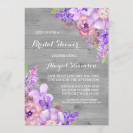 Invitación Flores púrpuras de madera rústica ducha de novia