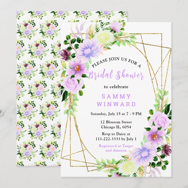 Invitación Flores púrpuras de primavera con follaje (Anverso / Reverso)