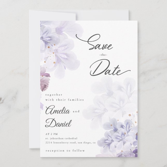 Invitación Flores púrpuras elegantes boda Save the Date (Anverso)