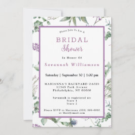 Invitación Flores púrpuras escocesas acuarela ducha de novias