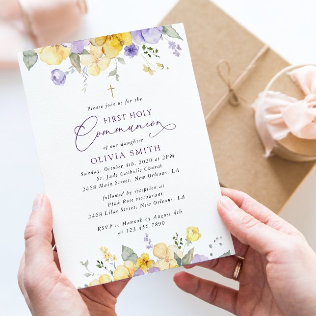 Invitación Flores púrpuras, flores amarillas, Primera comunió (Subido por el creador)
