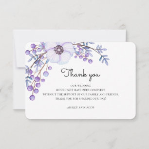 Invitación Flores púrpuras gracias. Nota de boda botánica