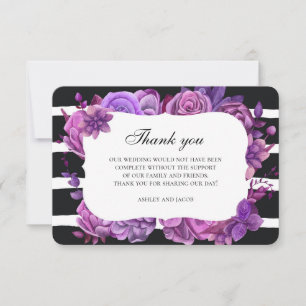 Invitación Flores púrpuras gracias. Nota floral de boda