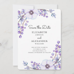 Invitación Flores púrpuras guardan la fecha. Boda botánica