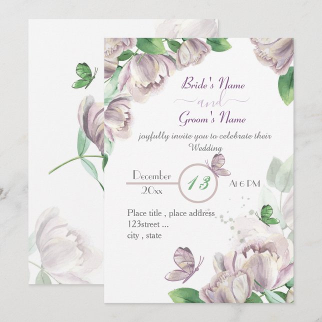 Invitación flores púrpuras hojas verdes mariposas boda en (Anverso / Reverso)