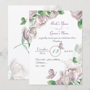 Invitación flores púrpuras hojas verdes mariposas boda en