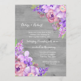 Invitación Flores púrpuras Lilac de madera gris prometen reno
