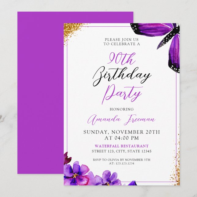 Invitación Flores púrpuras modernas 90 cumpleaños (Anverso / Reverso)