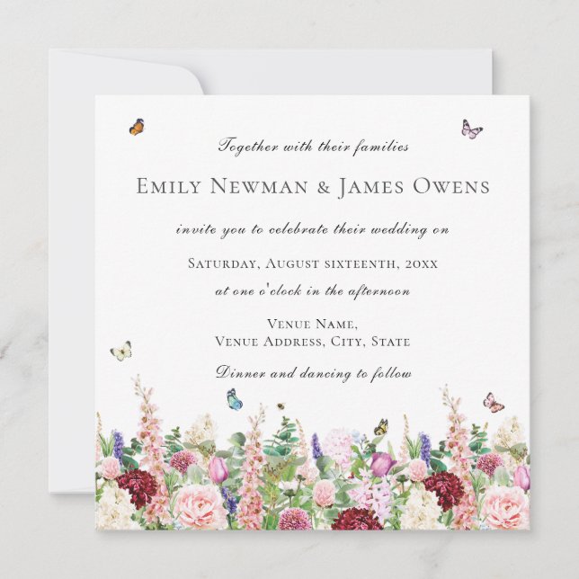Invitación Flores púrpuras rosadas mariposas | Boda cuadrado (Anverso)