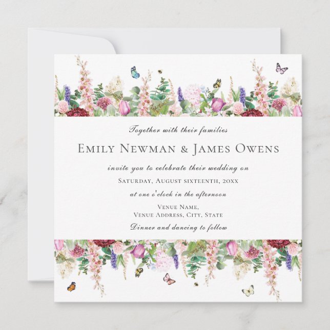 Invitación Flores púrpuras rosadas mariposas | Boda cuadrado (Anverso)