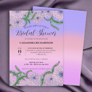 Invitación Flores púrpuras rosas y duchas de novia con hojas
