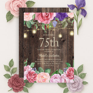 Invitación Flores púrpuras rusticas de color rosa iluminan 75