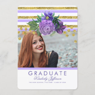 Invitación Flores púrpuras y graduación elegante de las rayas