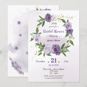Invitación flores púrpuras y hojas coronarias ducha de novia