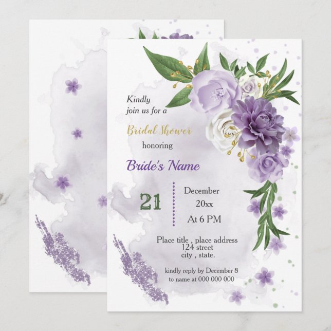 Invitación flores púrpuras y hojas verdes ducha de novia (Anverso / Reverso)