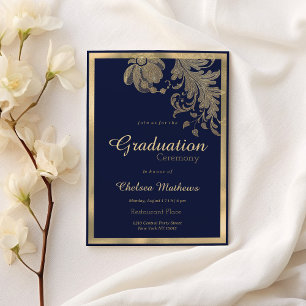 Invitación Flores purpurinas de oro azul marino de lujo Gradu