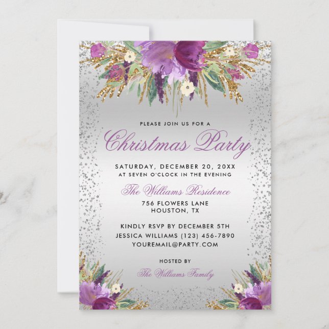 Invitación Flores Purpurinas decorativas, Fiesta Navidades pl (Anverso)