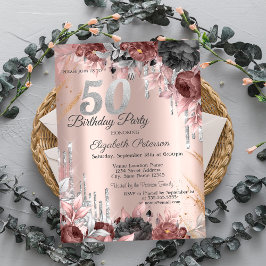 Invitación Flores Purpurinas Drips Rosa Oro 50 cumpleaños