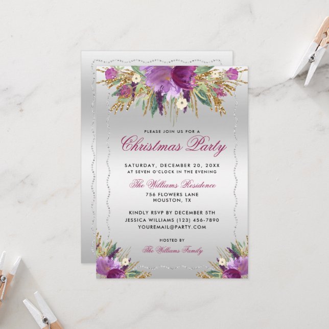 Invitación Flores purpurinas, Fiesta de Navidades enmarcadas  (Anverso/Reverso In Situ)