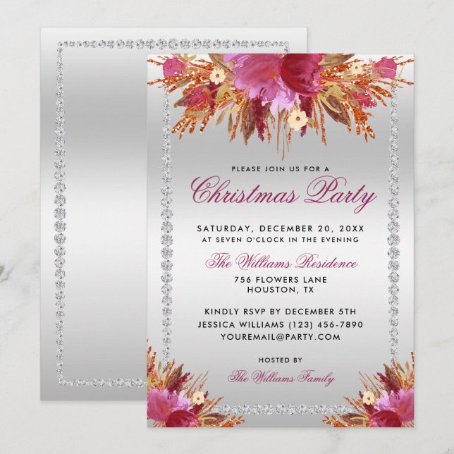 Invitación Flores purpurinas, Navidades enmarcados con diaman (Anverso / Reverso)