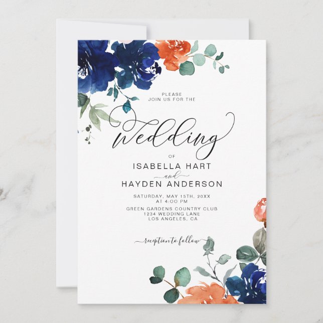 Invitación Flores quemadas Naranja Boda floral de la marina (Anverso)
