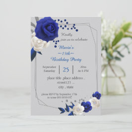 Invitación flores reales azules blancas cumpleaños geométrico