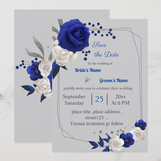 Invitación flores reales azules blancas geométricas guardar l (Anverso / Reverso)