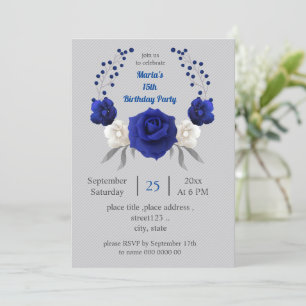 Invitación flores reales azules blancas grises cumpleaños
