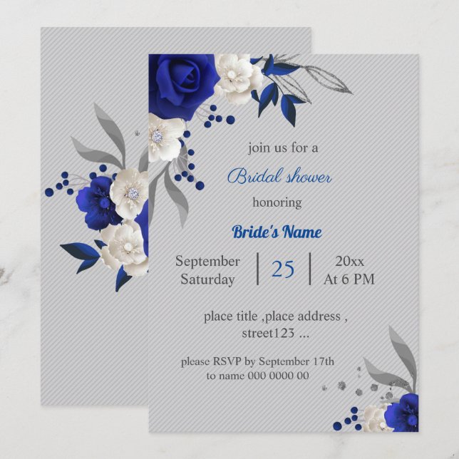 Invitación flores reales azules blancas grises hojas de novia (Anverso / Reverso)