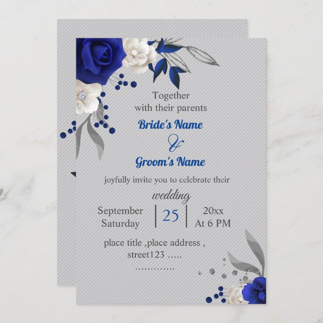 Invitación flores reales azules blancas hojas boda gris (Anverso / Reverso)