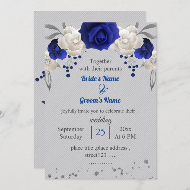Invitación flores reales azules blancas hojas boda gris (Anverso / Reverso)