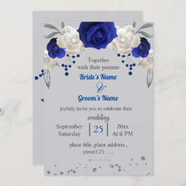 Invitación flores reales azules blancas hojas boda gris