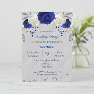 Invitación flores reales azules blancas hojas grises cumpleañ