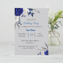 Invitación flores reales azules blancas hojas grises cumpleañ