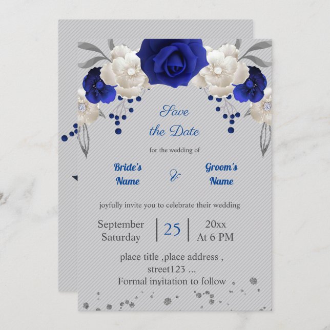 Invitación flores reales azules blancas hojas grises salvar l (Anverso / Reverso)
