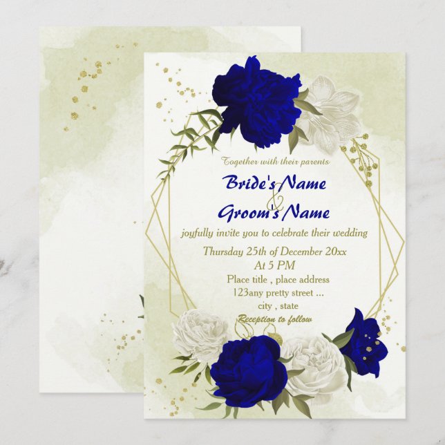 Invitación flores reales azules blancas hojas verdes boda (Anverso / Reverso)