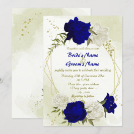 Invitación flores reales azules blancas hojas verdes boda